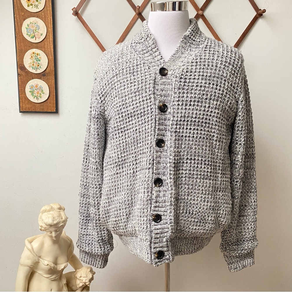 Thick Insulated Waffle Knit Sweater Elbow Patch Grey Jacket XL